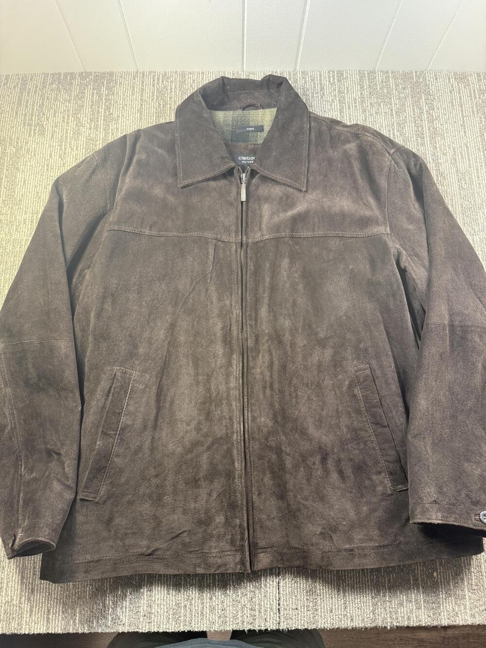 Claiborne Suede Leather Jacket Mens 2XL Brown Full Zip Bomber Plaid Lined Warm
